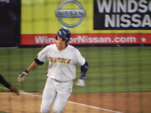 It is not a great shot, but that's Trenton's Peter O'Brien during his home run trot (Jen Nevius).