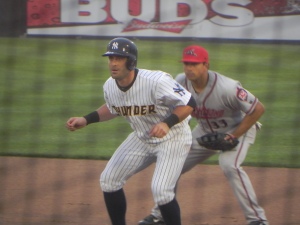 Francisco Cervelli taking his lead off first base in a rehab game with Trenton on June 11, 2014 (Jen Nevius).